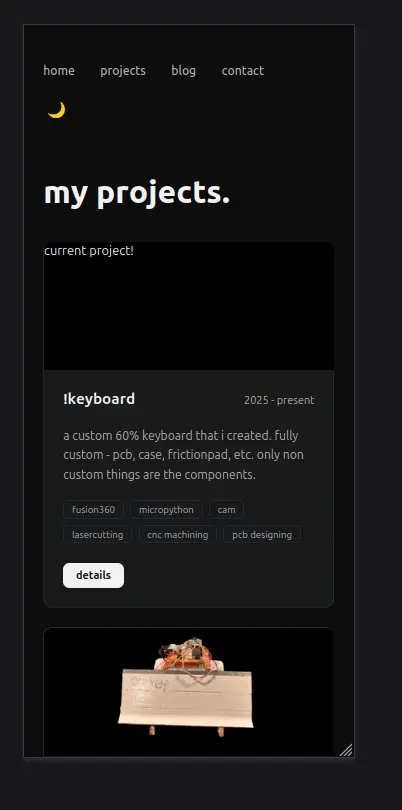 projects page of the website with the toggle theme broken