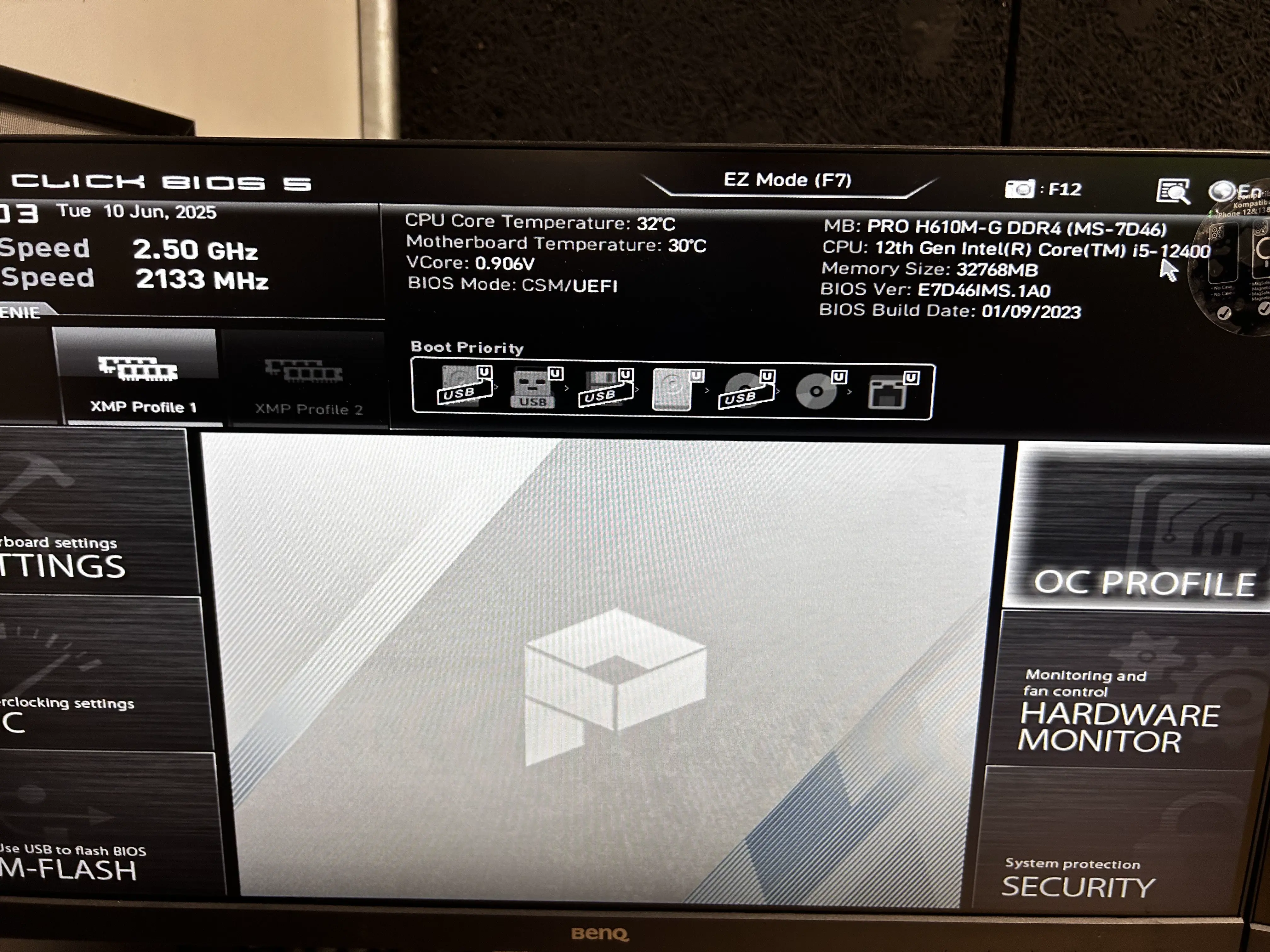 bios screen showing lower temperatures